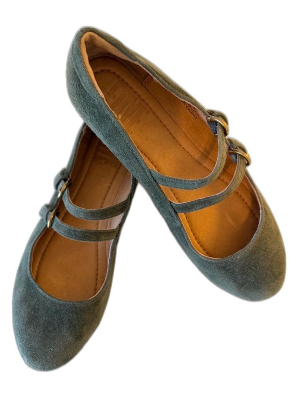 Frye Carson Multi Mary Jane Suede Olive Green Double-Strap Flat Shoes 7.5